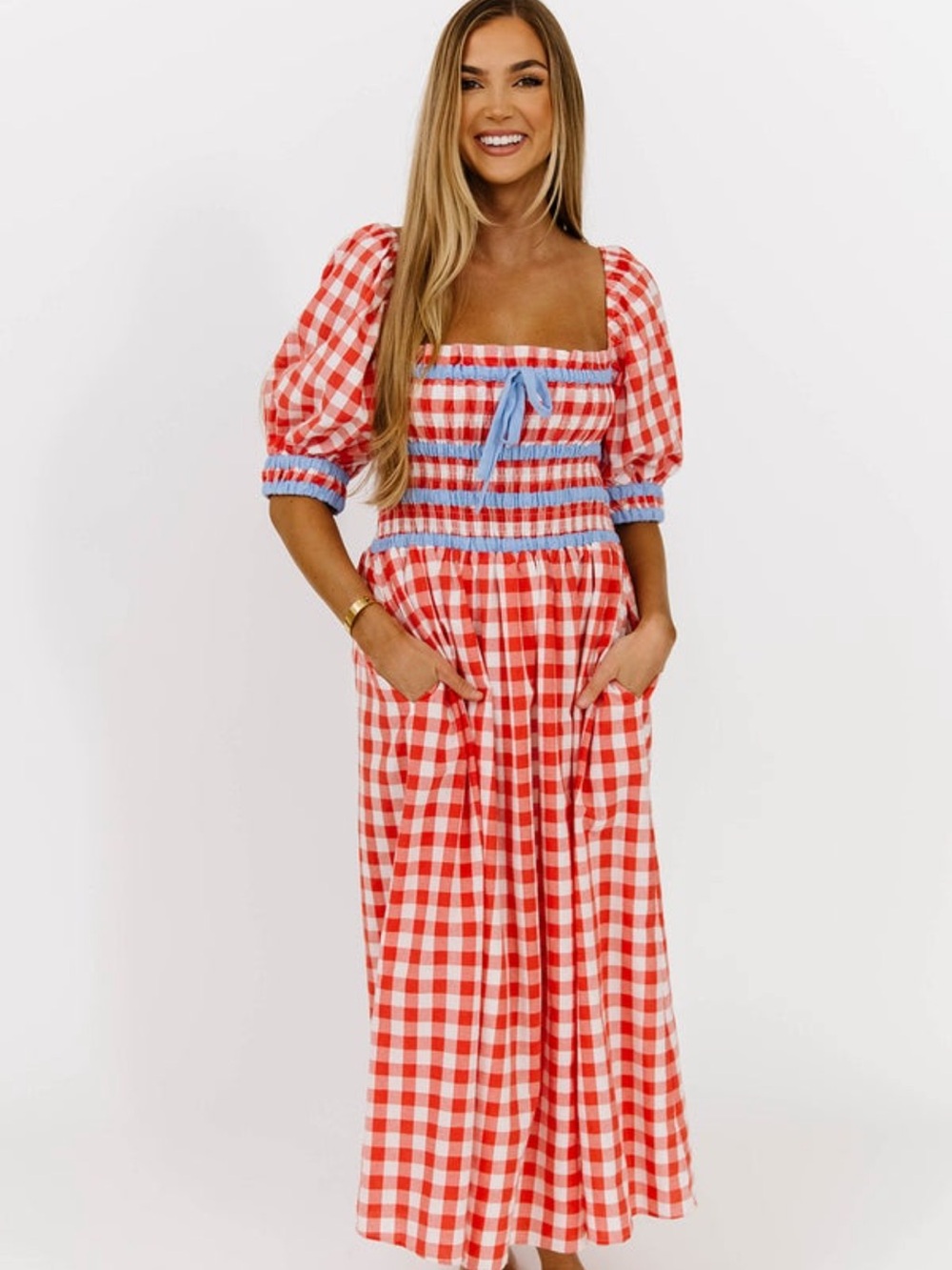 aureum / worth collective Smocked Gingham  Dress - Red & White with Blue Trim